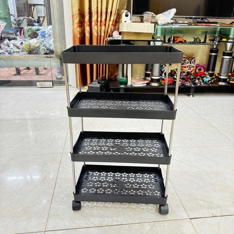 Kệ đựng đồ đa năng 4 tầng màu Đen có bánh xe đẩy chuyên dụng cho spa, phòng tắm, bếp chất liệu inox cao cấp Kitchen