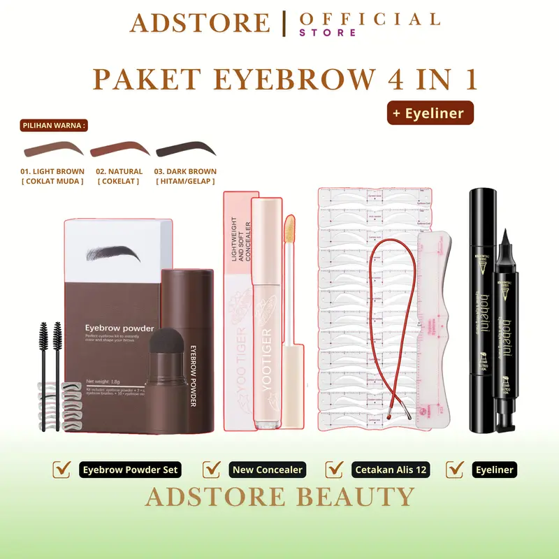 [ PAKET EYEBROW 4 in 1 FREE EYELINER ] Paket Alis 4in1 Eyebrow Powder Stamp+ Cetakan Alis Tali 12 + Concealer dan Eyeliner Waterproof 0