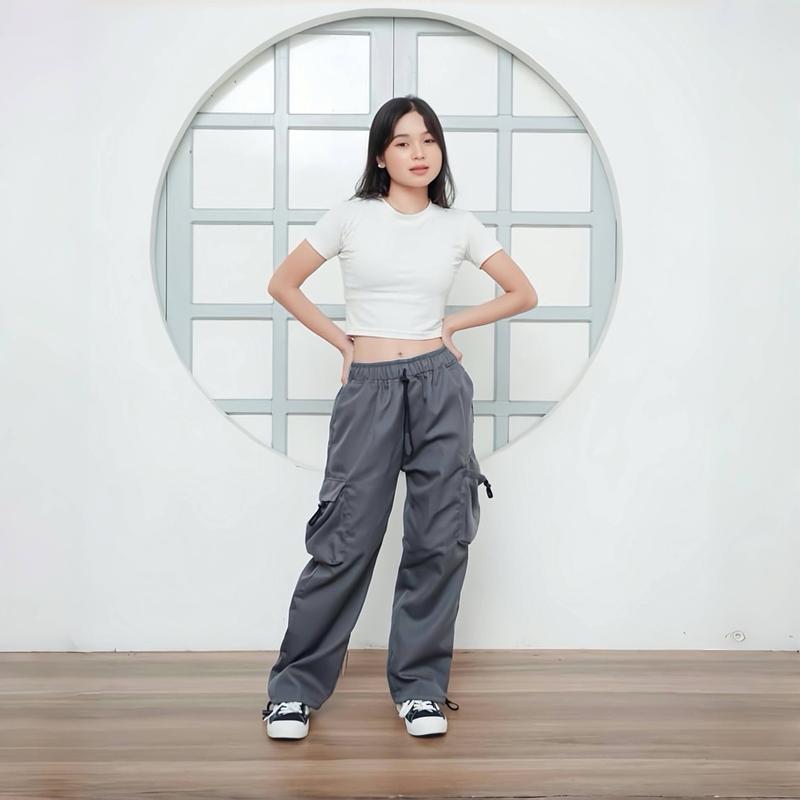 Celana Panjang Cargo Wanita Highwaist Korean Style Tali Serut Bawah  Loose Pants Standart-Jumbo Dewasa Kaki Karet 0