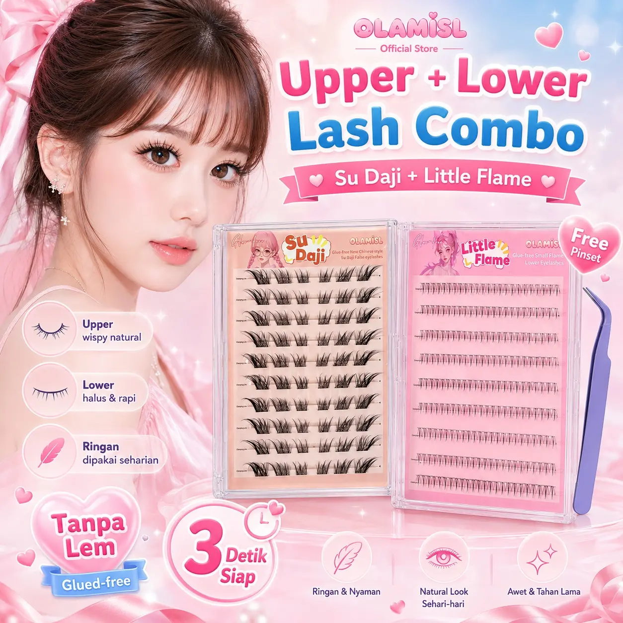 OLAMISL Bundle Hemat Upper Lower Lashes Tanpa Lem Su Daji/Cute Pets + Little Flame Tahan Seharian