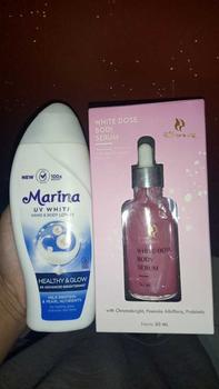 Product Review of PAKET MENCERAHKAN BADAN MARINA UV WHITE HEALTHY AND GLOW DAN HOUSE OF BEAUTY WHITE DOSE BODY SERUM 50 ML NEW YOUTH SKIN REVOLUTION Lotion Tubuh Pencerah from u**e 1