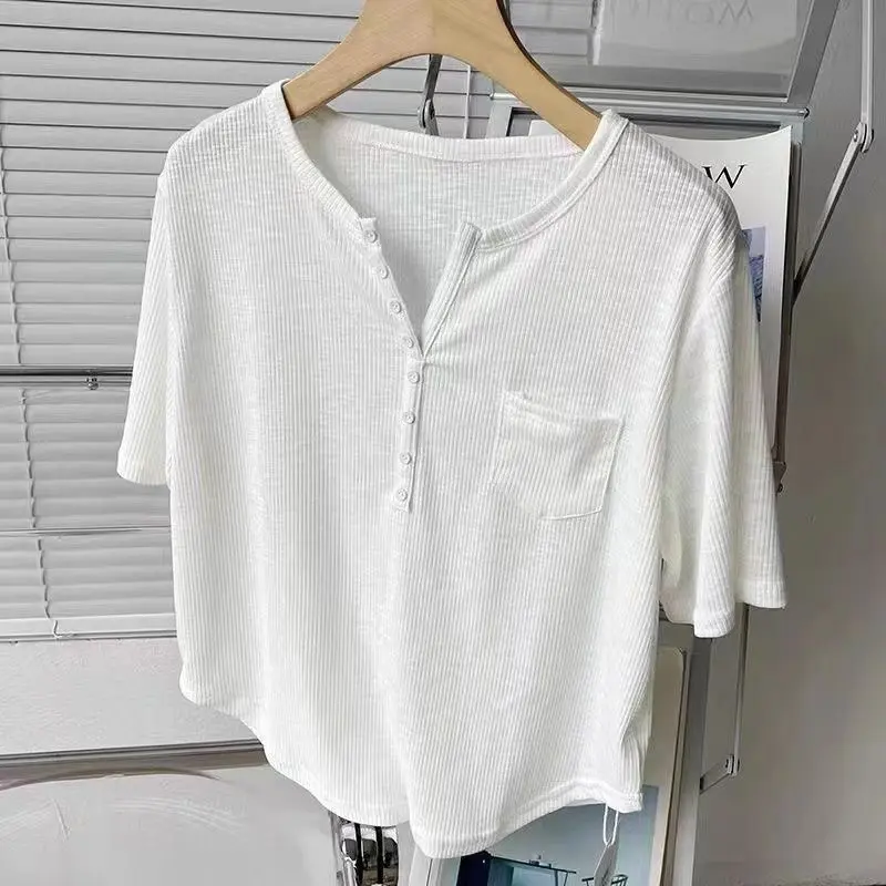 Áo Ngắn Tay Cropped Xén, Hàng Mới Về Mùa Hè, Dành Cho Cô Gái Đầy Đặn, Cỡ Lớn (1 Kg-150 Kg), Cổ Chữ V Nữ Dáng Rộng Vừa Vặn, Hiệu Ứng Bó Sát Thiết Kế Kẻ Sọc Chìm, Dành Cho Nữ