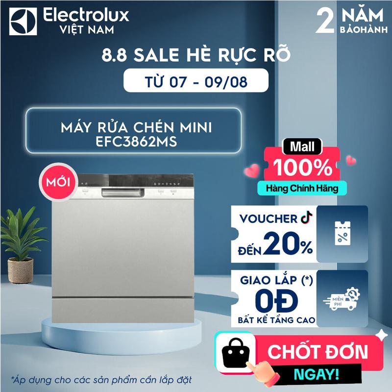 [MỚI] Máy Rửa Bát Mini Electrolux 8 bộ EFC3862MS Tự động mở cửa, diệt khuẩn bằng hơi nước, Giao Lắp 0Đ