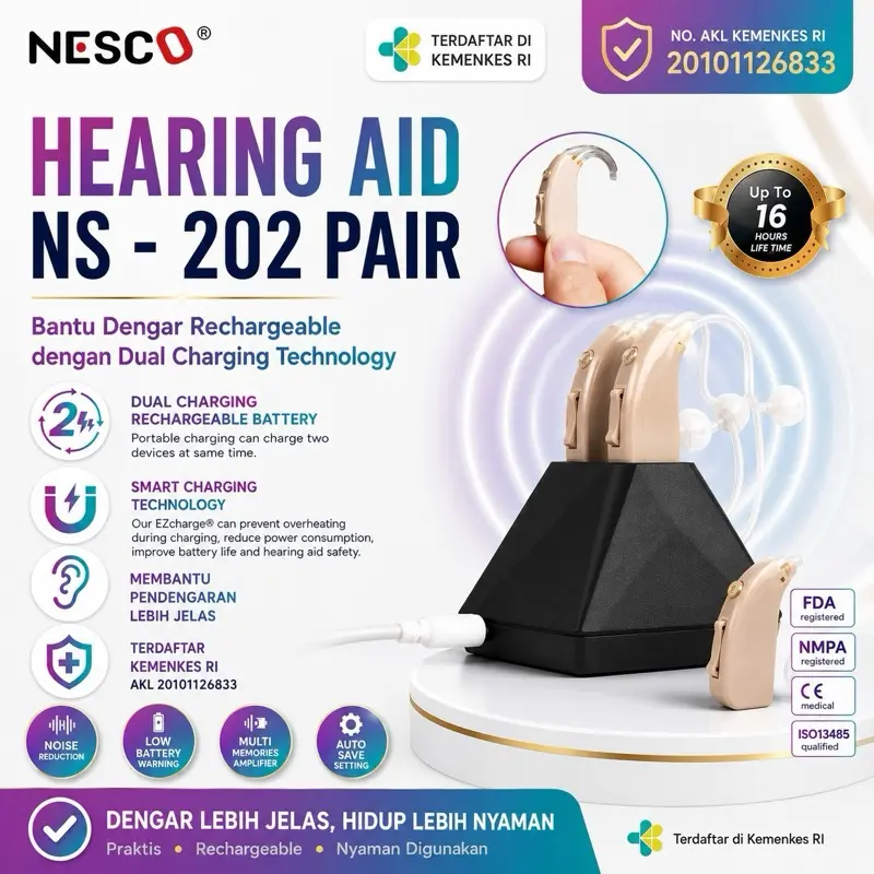 Alat Bantu Dengar Rechargeable NESCO NS-202 – Dual Charging BTE | Hearing Aid untuk Lansia & Dewasa | Resmi Kemenkes ALAT BANTU DENGAR