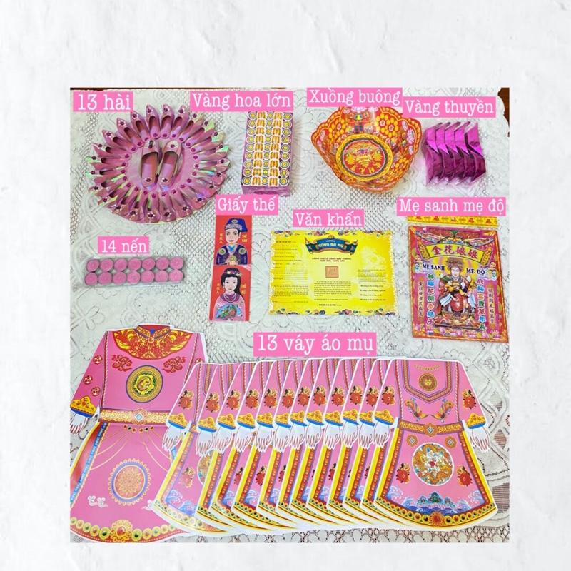 Set hài váy tiền vàng nến giấy thế xuồng buông cúng mụ đầy đủ dành cho mâm cúng đầy tháng- thôi nôi 4 màu: xanh lá cây xanh dương vàng hồng nến  nến bàn thờ ông thần 