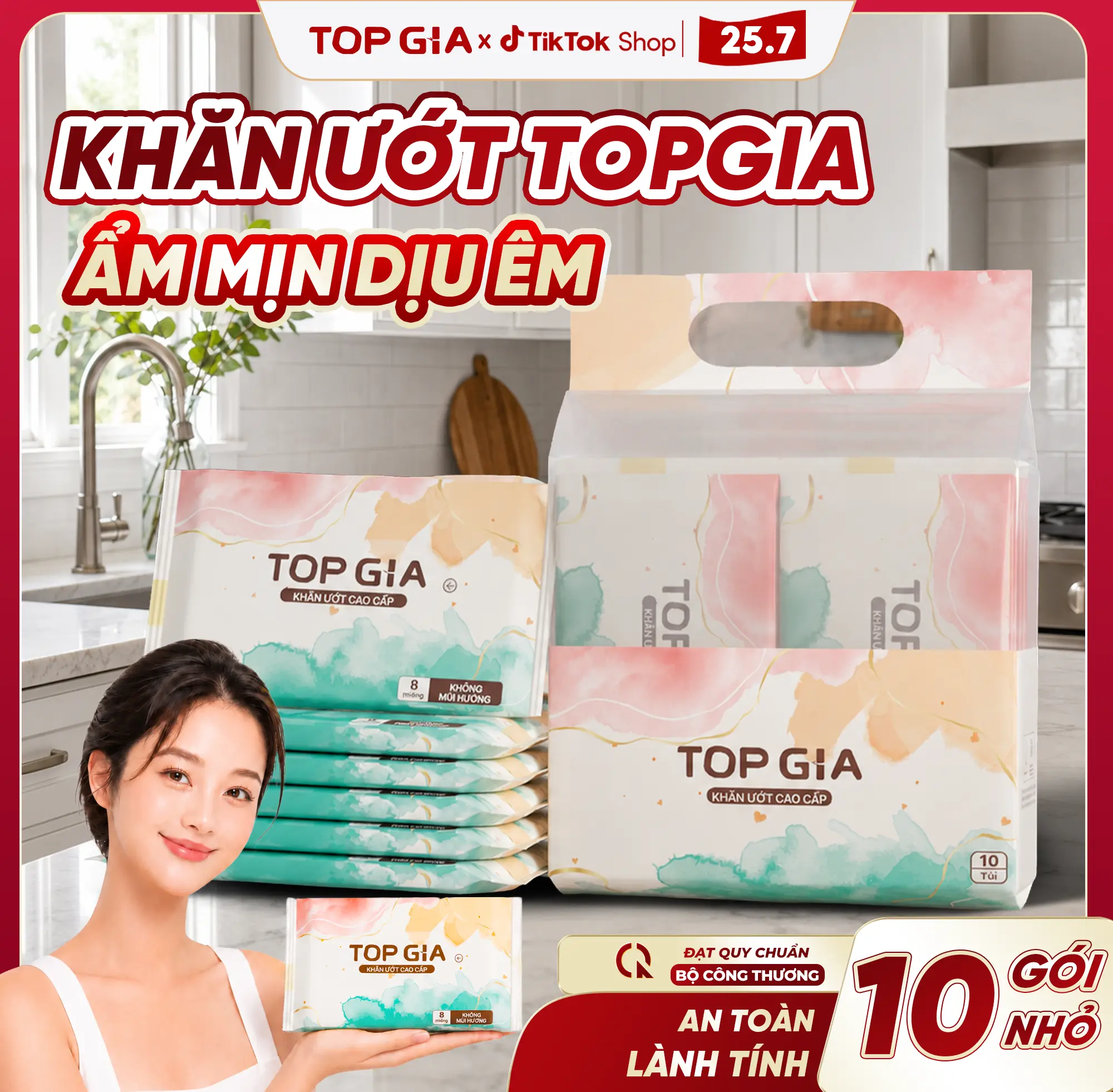 [QUÀ TẶNG KHI MUA] Bịch 10 Gói 8 Tờ Khăn Ướt MINI TOPGIA Khăn Ướt Ban Mai Không Cồn, Không Hương Liệu An Toàn Cho Da, Nhỏ Gọn, Tiện Lợi ĐẠT CHUẨN BỘ CÔNG THƯƠNG RDS17 nmc