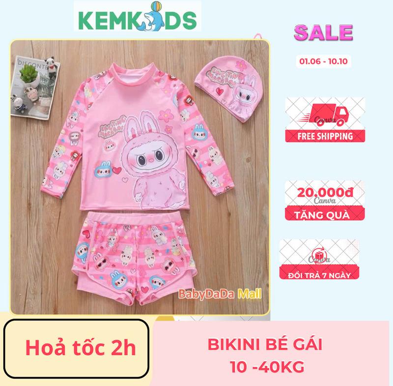 B035 Bikini bé gái 2 mảnh Labubu kèm mũ quần 2 lớp ngộ nghĩnh cho bé 12 -40kg , đồ bơi bé gái, thời trang đi biển, đồ bơi bé trai