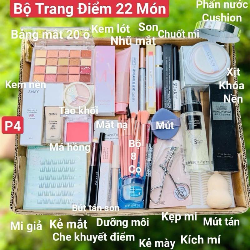 Bộ Trang Điểm 22 Món P4 Makeup Cơ Bản Cho Nữ Mới Học Trang Điểm Đầy Đủ +Lông Mi +Xịt Khoá+Phấn Nước Cushion +Son Kem+Kem Lót+Kem Che Khuyết Điểm+Son Kem...
