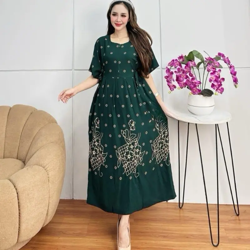 Senandika Daster Wanita Rayon Premium Busui Motif Bumil Nyaman Tidur Lengan Pendek LD 110cm PB 115cm Bahan Katun Rayon untuk Ibu Hamil Menyusui Desain Praktis Dewasa - Panjang