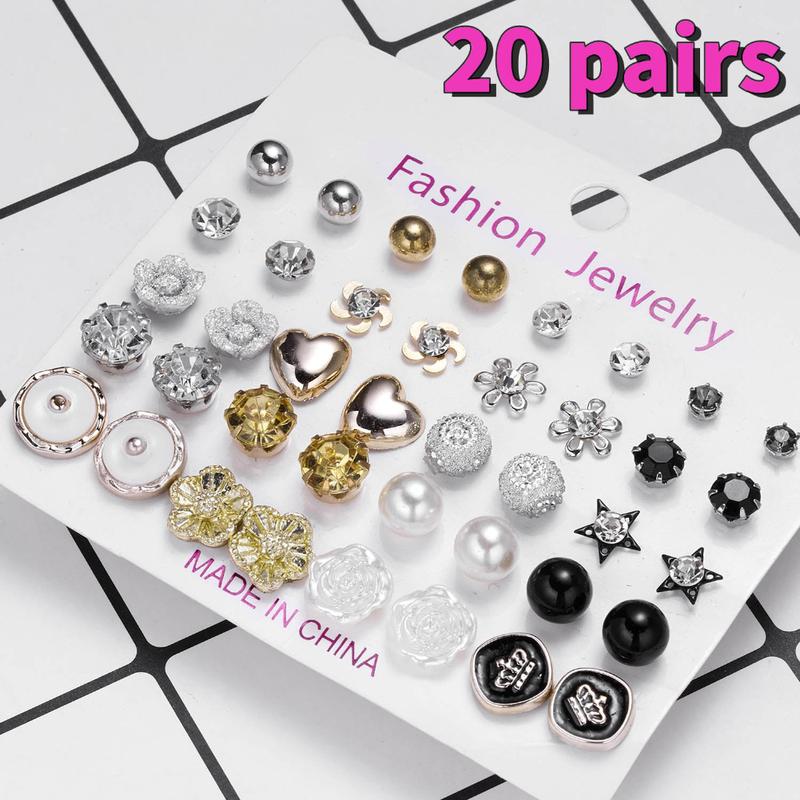  【20 CẶP Bông Tai Đinh tán pha lê hợp kim thiết kế hỗn hợp 20 đôi bộ thẻ cho phụ nữ nhiều màu sắc khác nhau Nhẹ và dễ thương hoàn hảo để đeo hàng ngày và làm quà tặng dễ mang theo phụ kiện trang sức thời trang 