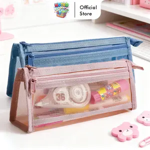 Tempat Pensil Transparan Aesthetic  Mesh Pouch 2 Zipper untuk SekolahBA-5320