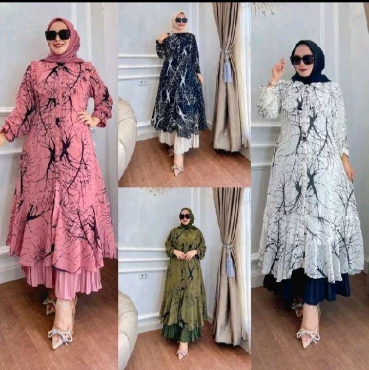 Gamis Yumna Set Long Tunik Rok Plisket - Kombinasi Burkat Import - Dress, Muslim, Wanita, Belah Samping, Jilbab, Armani, Syari, Nyaman, Pesta 0