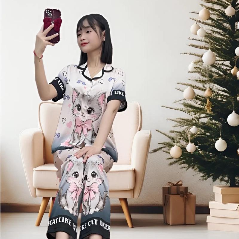  Bộ Pyzama In 3D lụa  latin cao cấp mặc nhà  nữ tay ngắn quần dài nhiều mẫu 3 size  40- 65  kg xưởng May Thanh Thảo Nhung Voi 