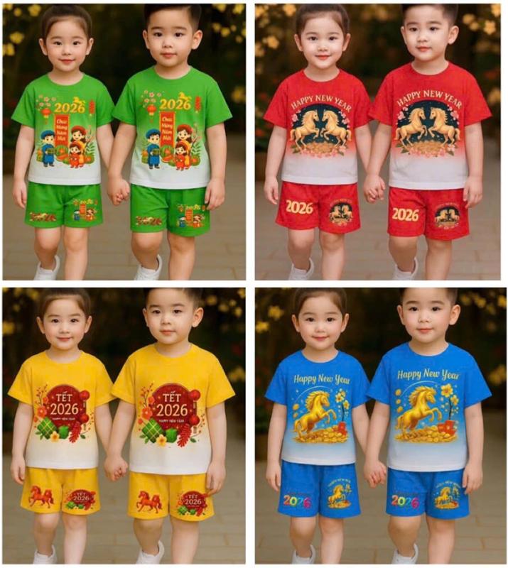 Combo 4 bộ cộc mặc Tết cho bé trai bé gái chất thun lạnh size 10-45kg
