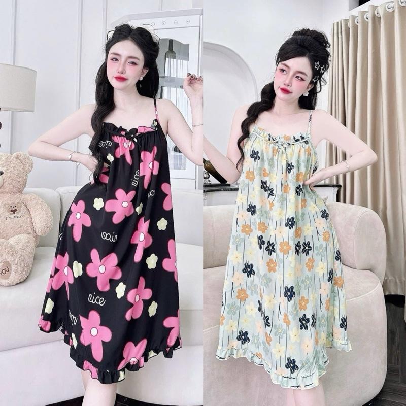    Độc Quyền Live  Váy Ngủ Lụa 100D Mềm Hai Dây - Hoa Nhí Dễ Thương- Mát Mẻ Thoải Mái Mùa Hè-  40-75kg  