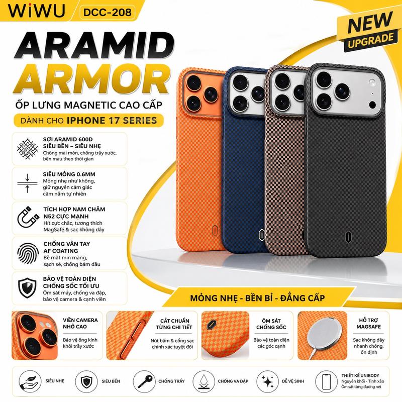 Ốp lưng từ tính N52 siêu mỏng 600D Aramid Fiber Carbon WIWU DCC-206 cho iPhone 18 17 Air Pro Max Chống Vân Tay AF Viền camera kim loại bảo vệ camera