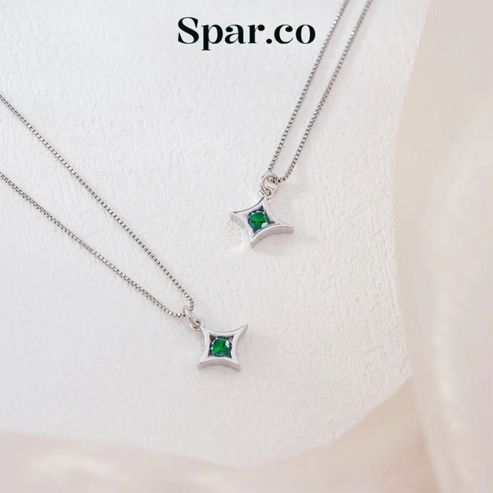 Spar.co [Best-Seller & 7.7 Sale & Gift] Kalung Silver Premium Liontin Bintang Empat Sudut - Edisi Hijau Zamrud untuk Ramadan SP-AAA1012 [Live]