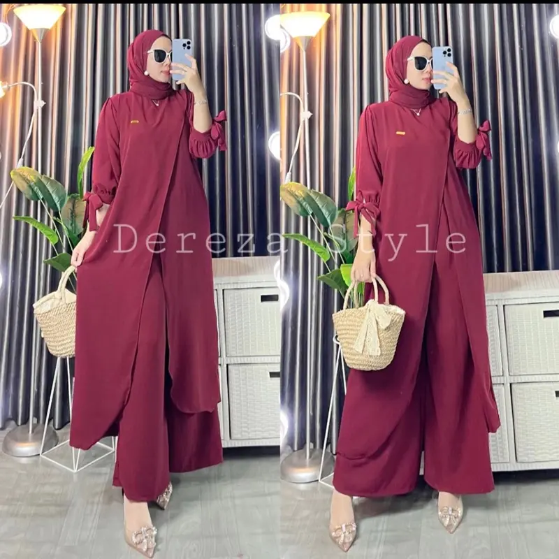 One set tunik dere - zaa style setelan baju dan celana cringkel air flow setelan polos two piece setelan wanita terbaru baju wanita Flare Sleeve Green 4