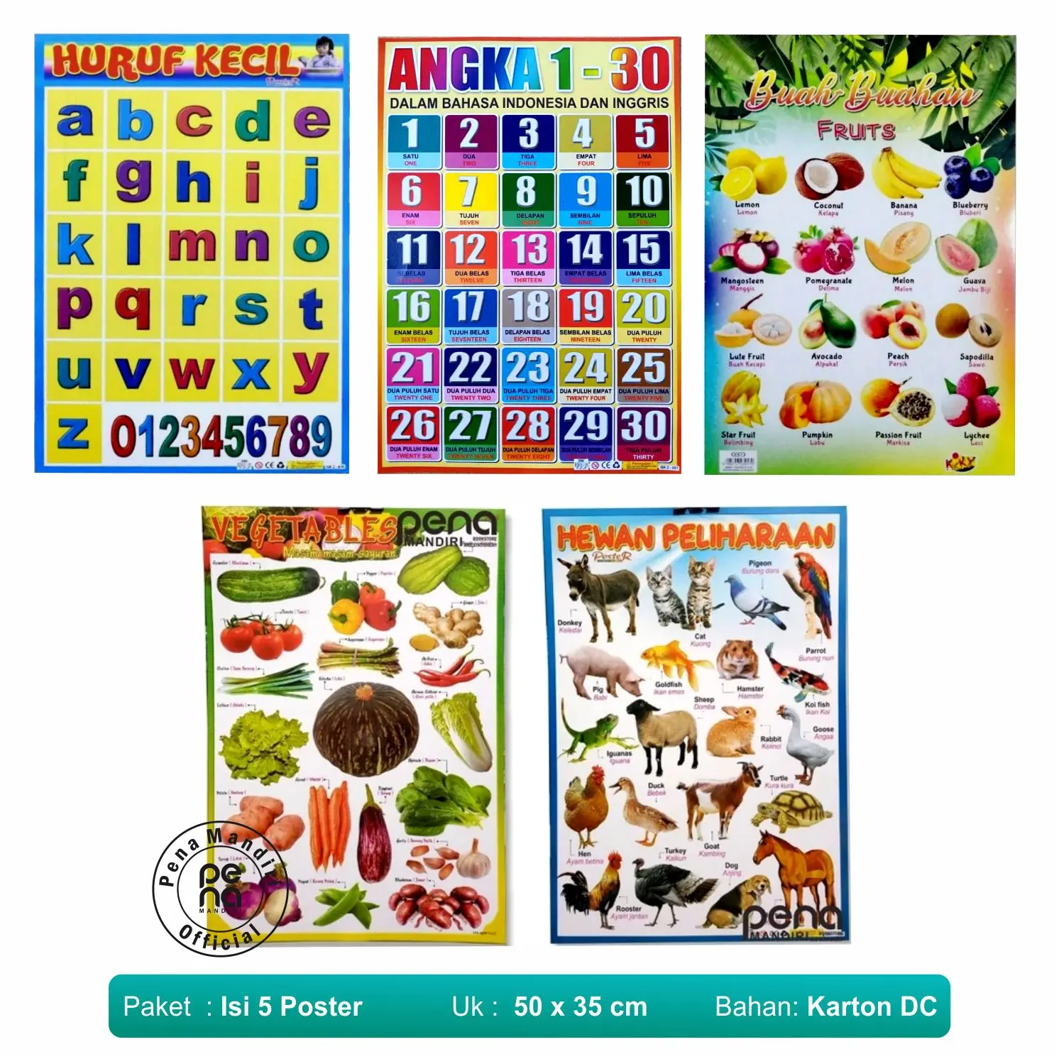[PAKET ISI 5] Poster Edukasi Anak Belajar Mengenal Huruf Angka Sayur Buah dan Binatang Karton