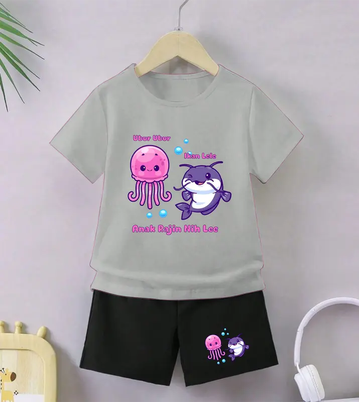 Luwi Kids Setelan Anak Celana Hitam Cewek Cowok Gambar Ubur Ubur Ikan Lele Celana Fashion set Baju 1