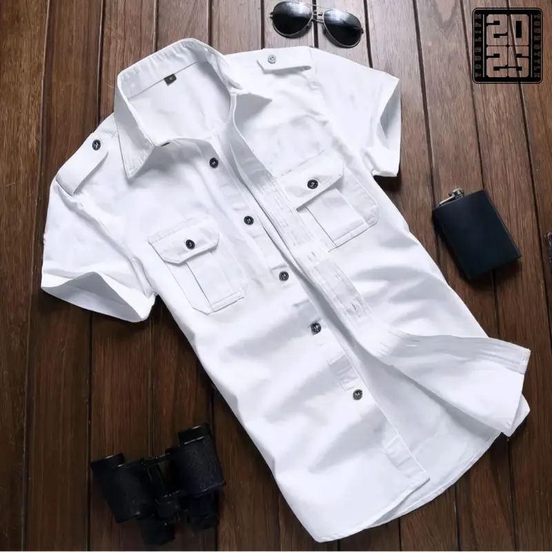 Kemeja Tactical Polos Pria Tangan Pendek Putih Casual 0