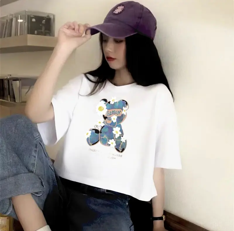 KAOS CROP TOP OVERSIZE BEAR FLOWER WANITA Combed 3