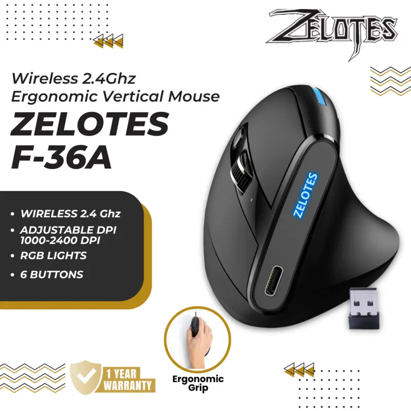 Zelotes F36A Ergonomic Wireless Vertical Gaming Mouse 2400 DPI 6 Buttons Ergonomis 0