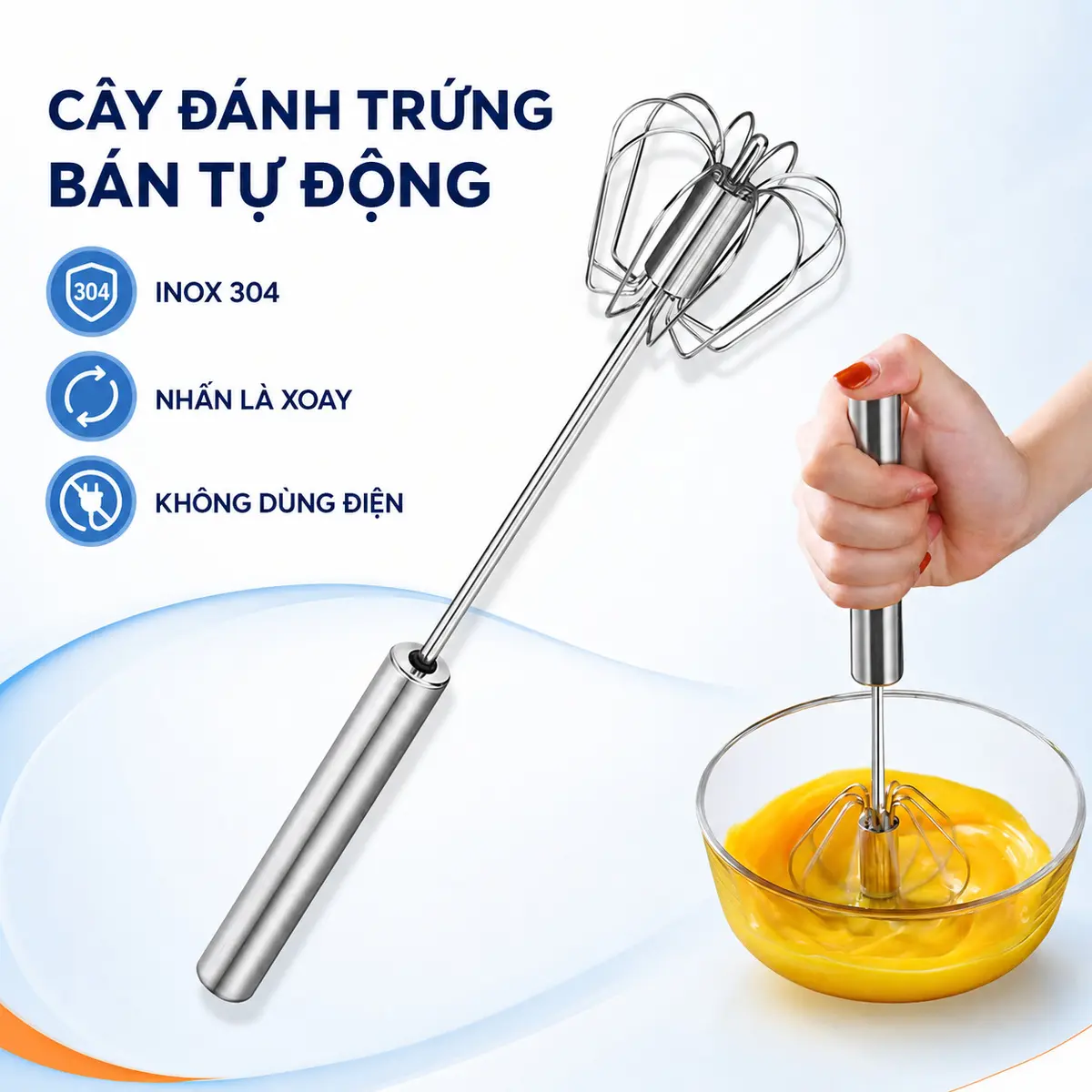 Dụng Cụ Đánh Trứng Bán Tự Động Inox 304 Dài 27cm, Cây Đánh Trứng Tự Xoay Cầm Tay Không Cần Điện