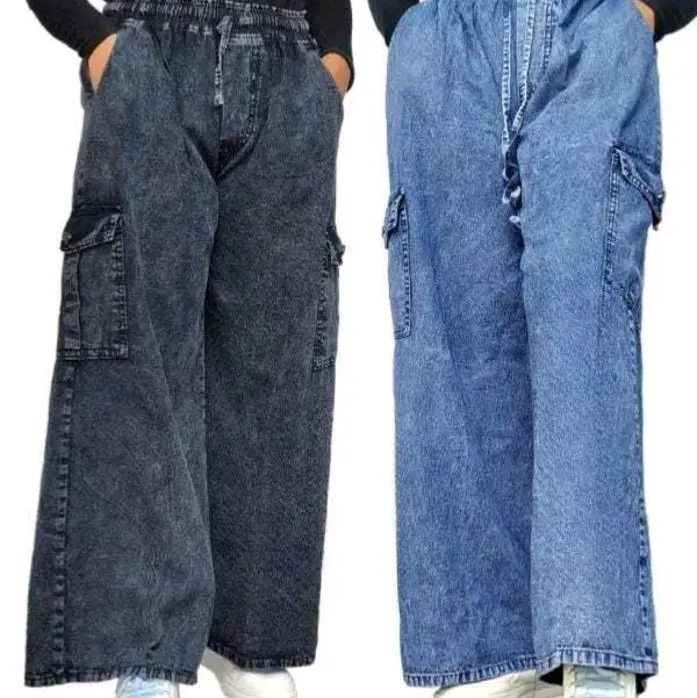Celana Kulot Cargo Wanita Panjang Katun Hitam Dewasa Casual Bawahan Cewek Linen Navy - Jeans/Highwaist - Airflow, Crinkle Karet Loose Denim
