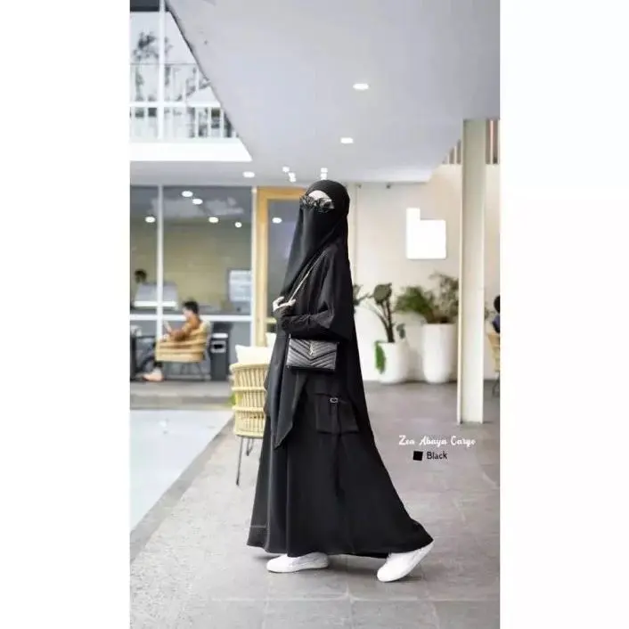 Abaya Cargo Syar'i Set French Khimar HITAM (FREE CADAR) / Gamis Abaya Crinkle Airflow  Size L XL XXL / Abaya Muslimah Terbaru 2025 / Abaya Syari Khimar Wanita 0