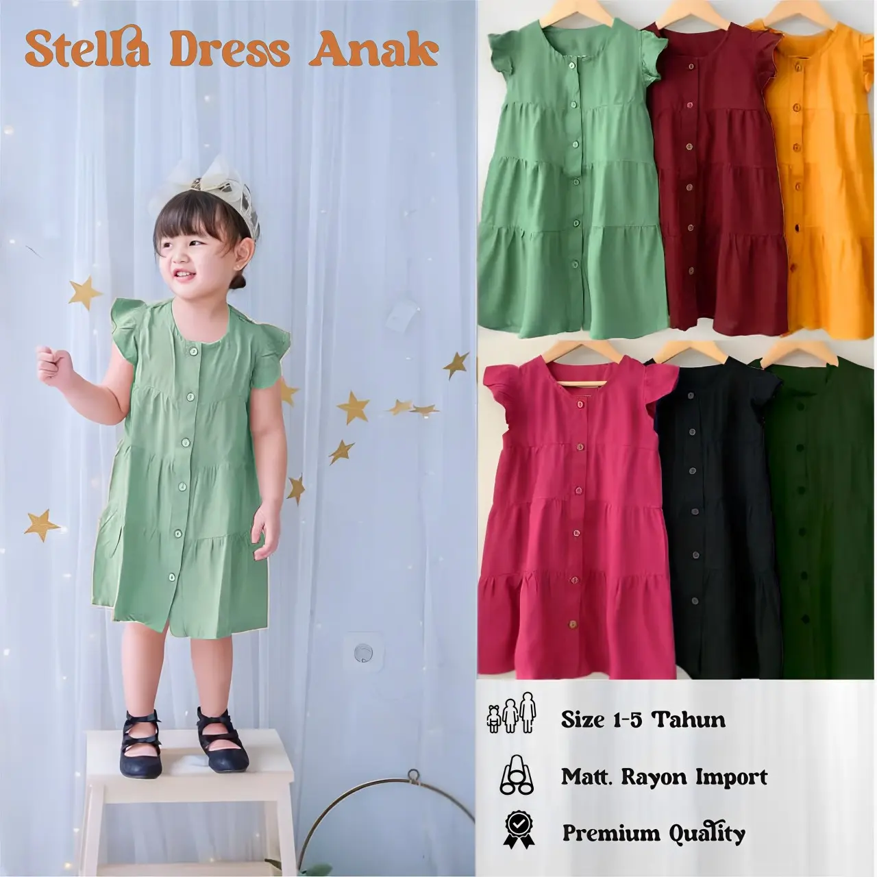 Dress Rayon Polos Anak Perempuan 1-5 Tahun Simple Santai Nyaman