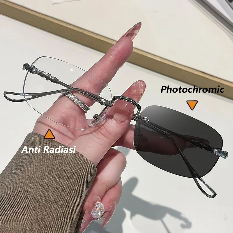 Kacamata Photochromic Anti Radiasi Komputer Fashion Metal Tanpa Bingkai Wanita Pria