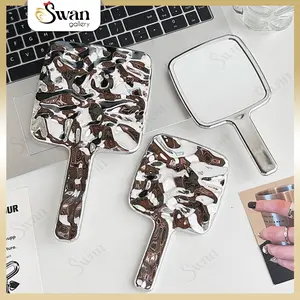 Cermin Genggam Aesthetic Kaca Rias Make Up Hand Mirror Beauty Silver Rose Gold Pink Retro Gaya Korea Crystal Premium