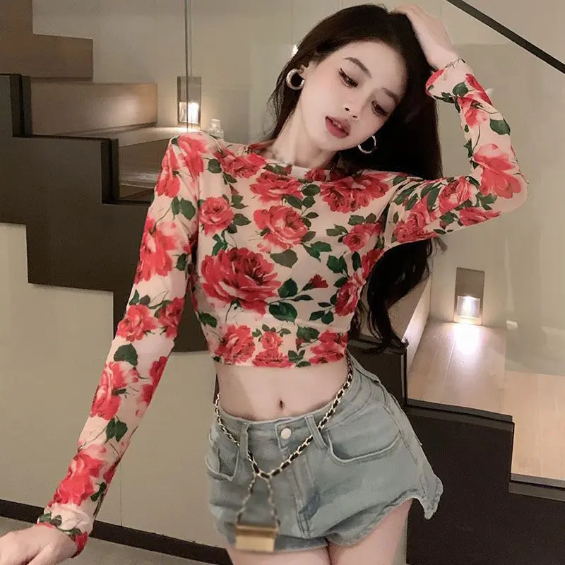 Áo Thun Dài Tay In Hoa, Dành Cho Nữ, Mỏng Vừa Vặn, Thời Trang, Áo Hở Eo, Thiết Kế Tiết Lộ