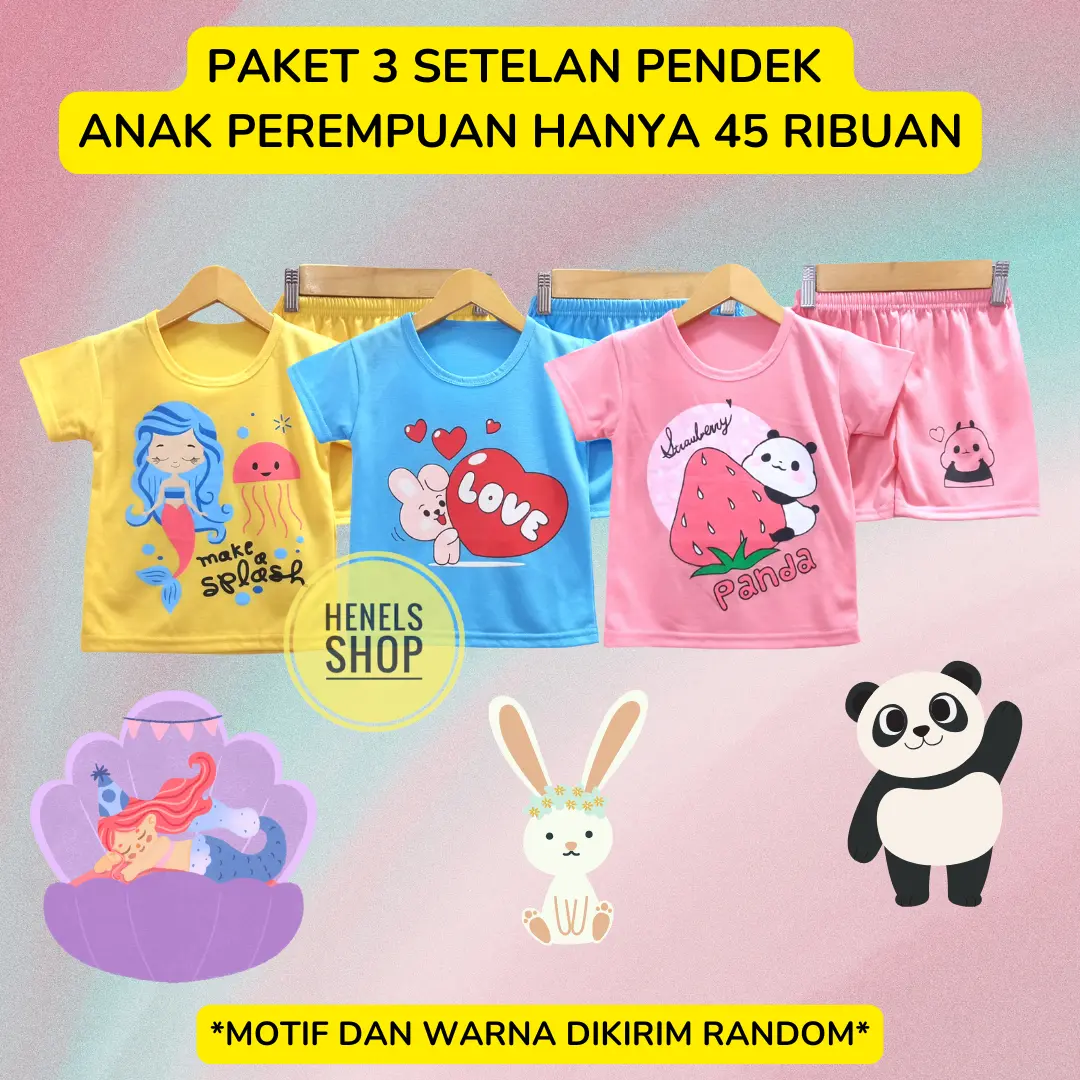 PAKET HEMAT 3 Pcs Setelan Anak Perempuan Usia 3 - 7 Tahun Bisa Cod Katun Merah Cewek Baju Celana Pakaian