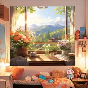 Tapestry Dinding Motif Bunga & Pemandangan Jendela – Kain Latar Fotografi Minimalis Natural, Penutup Ambang Jendela Estetik