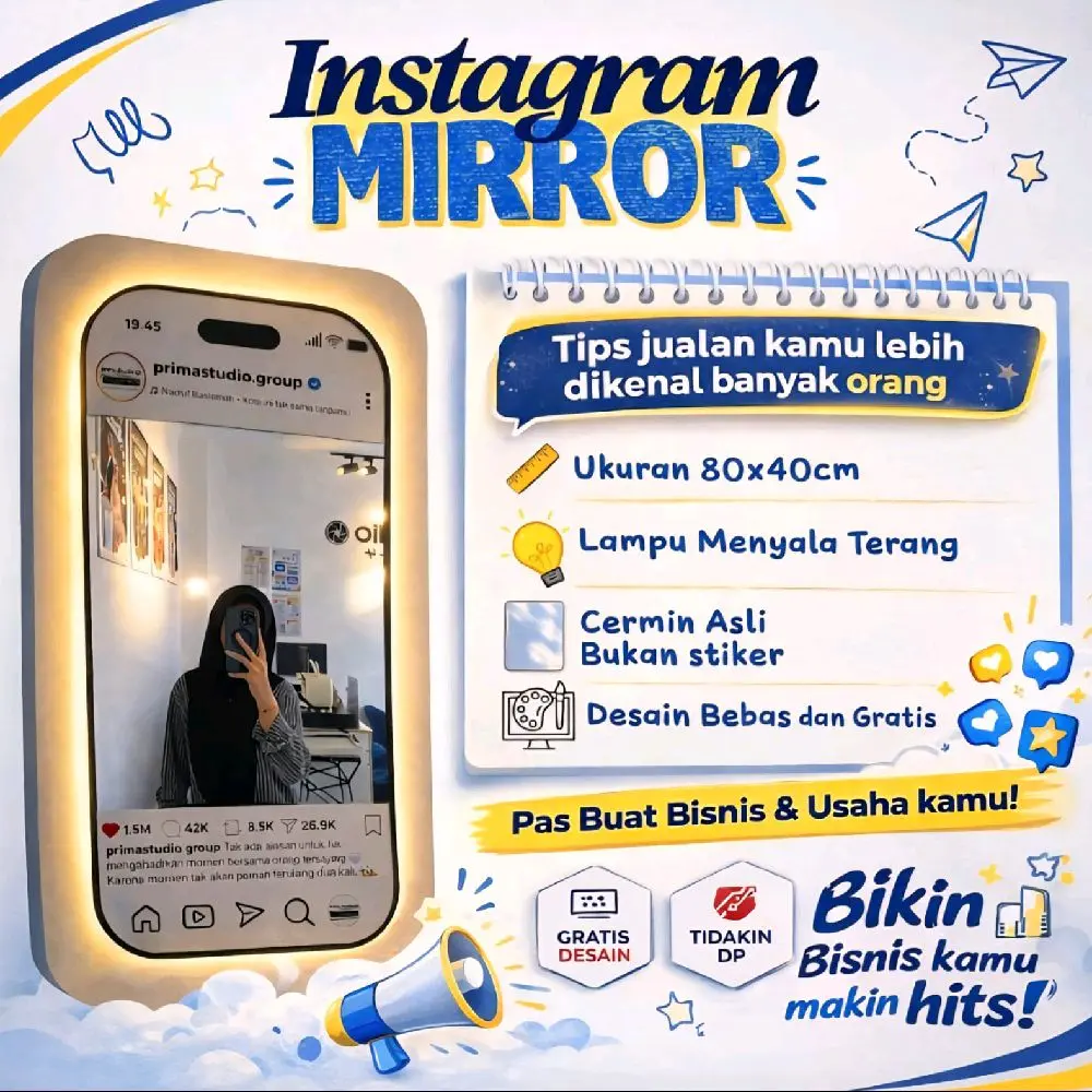 Instagram Mirror LED 80x40 cm Custom | Cermin Selfie Estetik Lampu Warm White