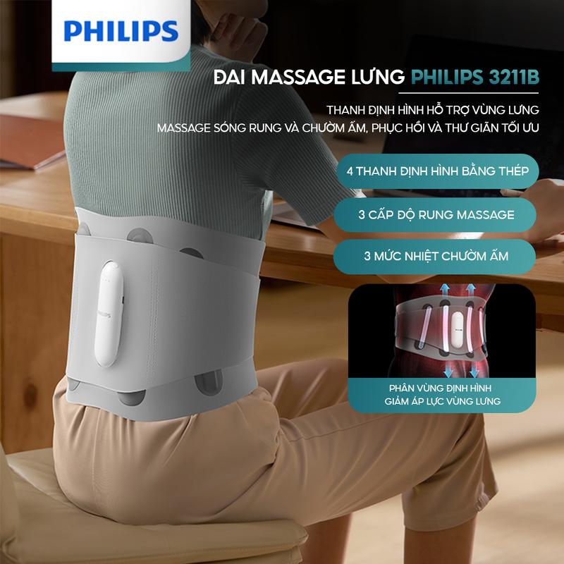 Đai Massage Lưng PHILIPS 3211B - Massage nhẹ nhàng giảm áp lực vùng lưng, với 3 cấp độ rung massage và 3 mức nhiệt chườm ấm