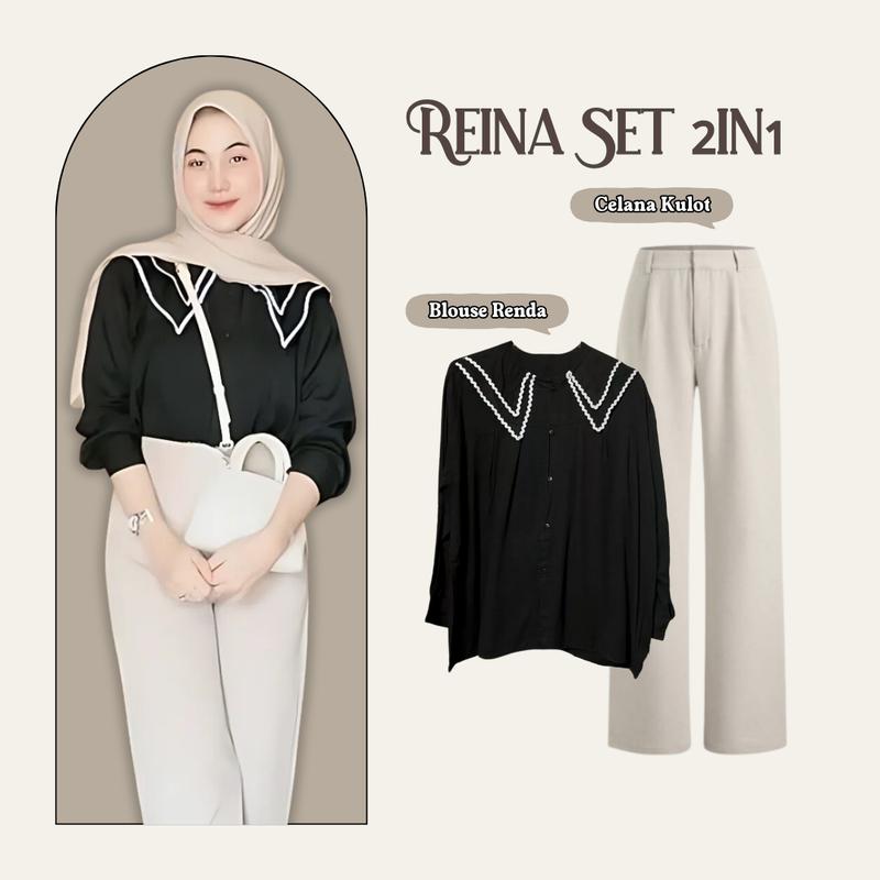 3in1 Setelan Wanita One Set Kekinian (Kemeja Korean Style Blouse Lucu, Celana Kulot Knit, Jilbab Segiempat Bella Square) LQ083 Atasan Hitam Kerah Renda one  set 3