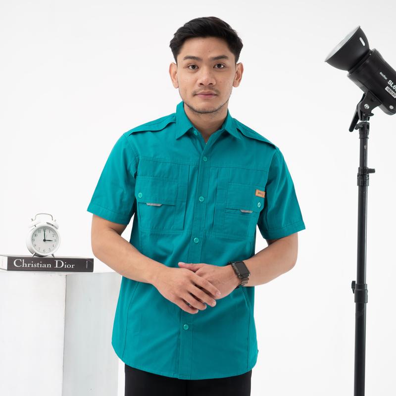 samone- kemeja stripe lengan pendek kemeja kerja dan santai pria lengan pendek bahan canvas ukuran normal dan jumbo casual - kemeja kerja 4