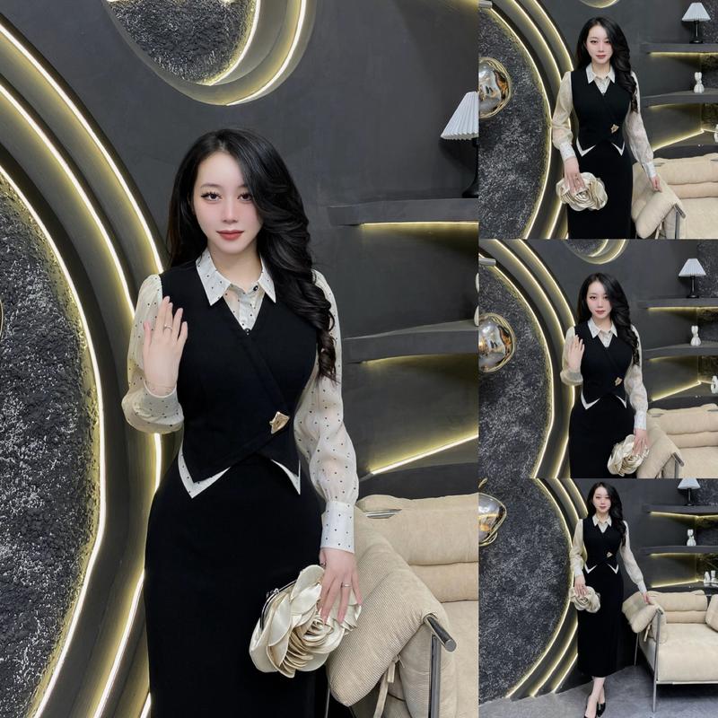  G135 - Váy Thiết Kế Evii dành cho nữ Đầm thiết cổ liền thân cổ đức phối tơ họa tiết chấm bi dáng bút chì xuông phù hợp đi làm đi chơi và đi dự tiệc. Có Bigsize Women Dress 