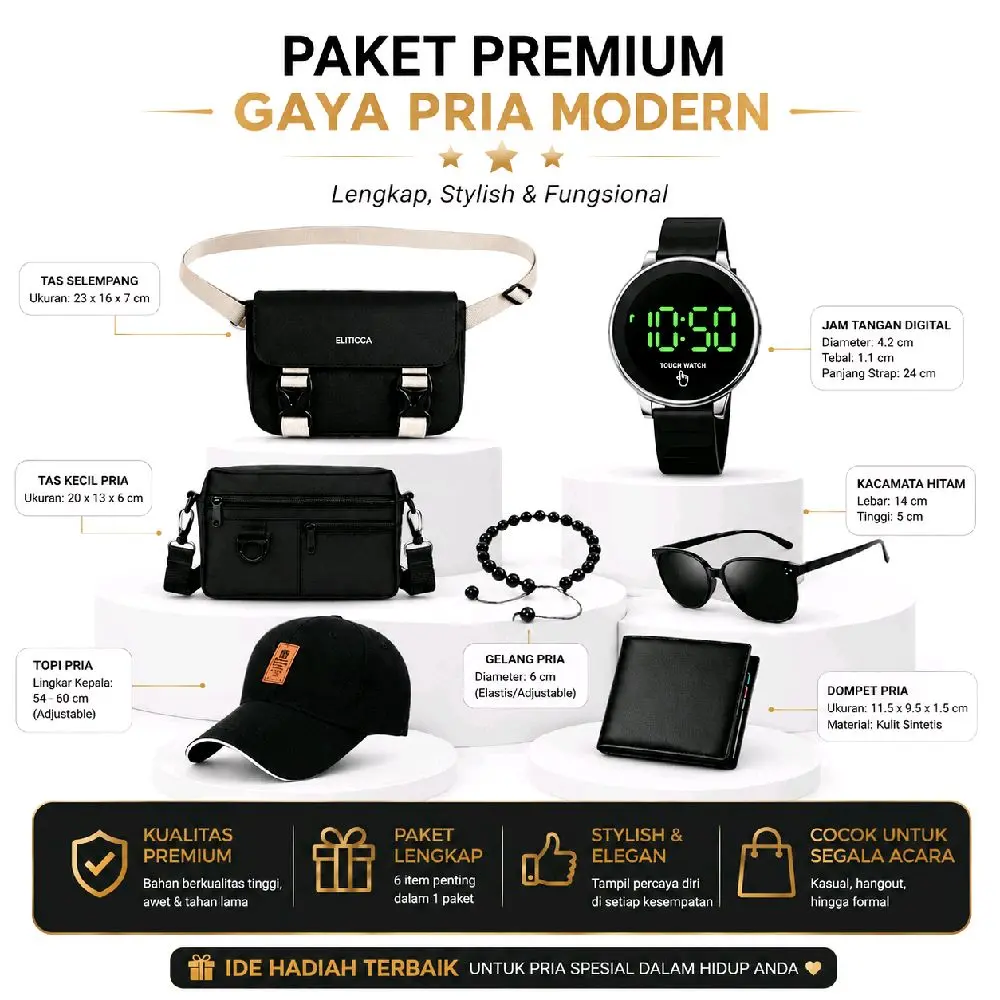 Beli 7 in 1 Paket Bundling Pria - Tas Selempang, Jam Tangan, Kacamata, Topi, Gelang, Dompet, dan 5 Produk Lainnya