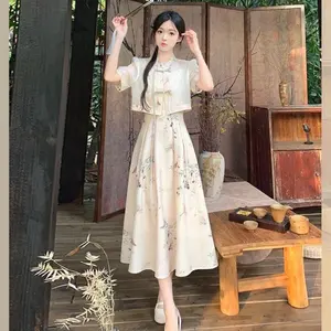 FIRST GIRL - SETELAN DUA POTONG GAUN SUSPENDER + JAKET LENGAN PENDEK MODEL CHEONGSAM TERBARU, SETELAN CHEONGSAM - G062