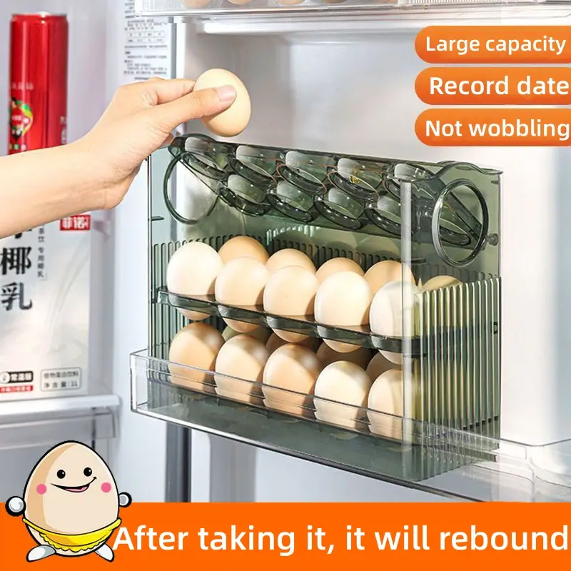 Kitchen large capacity egg refrigerator storage box, multi-layer egg grid, anti drop egg tray, timed egg rack