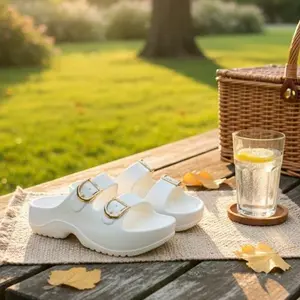 Sandal Casual Wanita Dengan Aksen Gold Buckle Anti Licin Elegan Tinggi 5.5CM Warna Putih Hitam Biru Pink Sol Tebal 5.5cm Bahan EVA Premium Fashionable