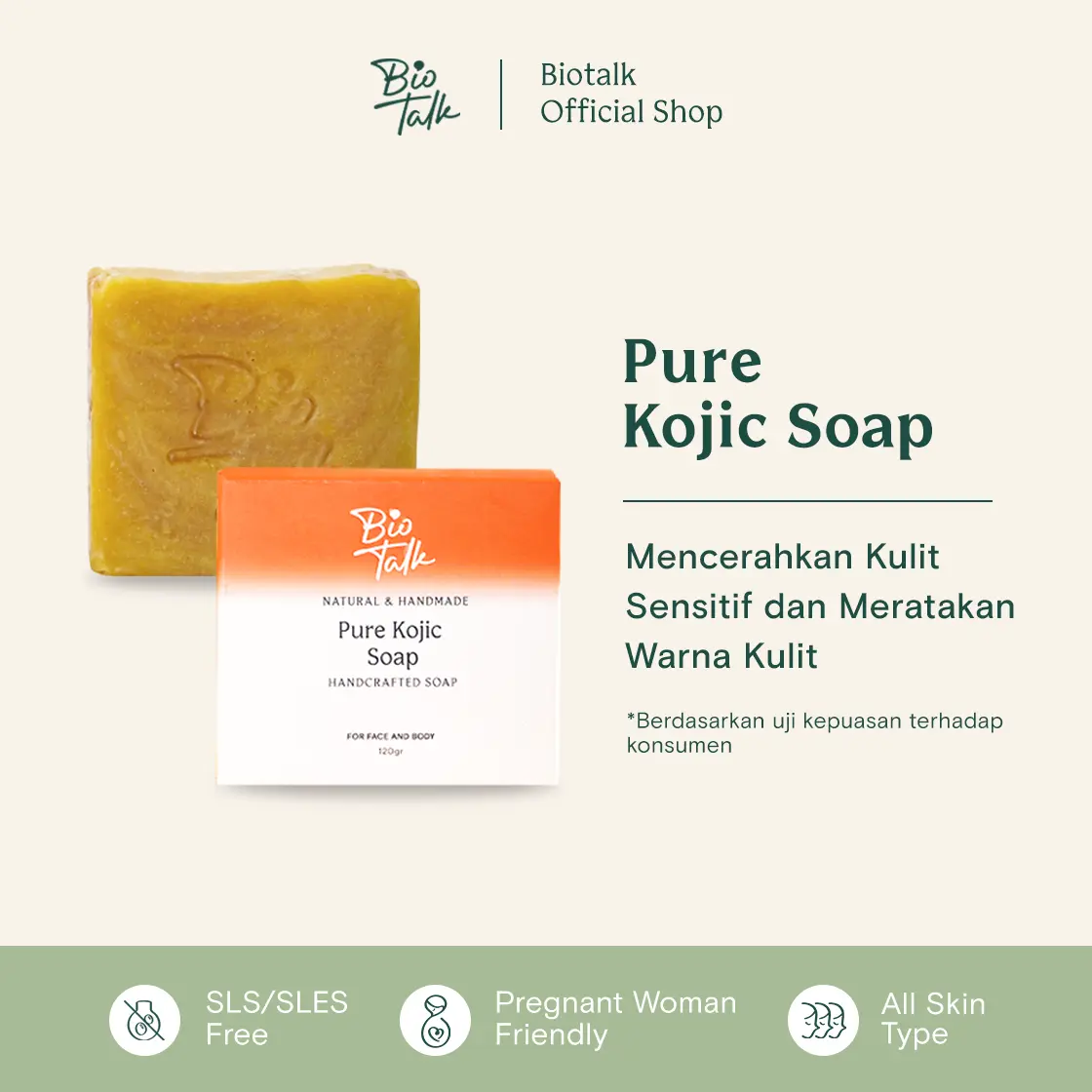 Biotalk Pure Kojic Soap | 120 Gram | Non-SLS/SLES | Mencerahkan dan Meratakan Warna kulit Tubuh Sabun Mandi Pencerah Natural Handmade Kojic Acid untuk kulit kering sensitif