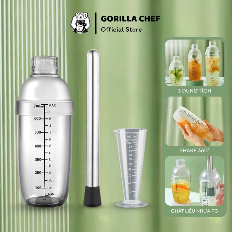 Tặng ly đong Combo bình lắc pha chế kèm chày dằm inox GORILLA CHEF pha chế trà trái cây cocktail