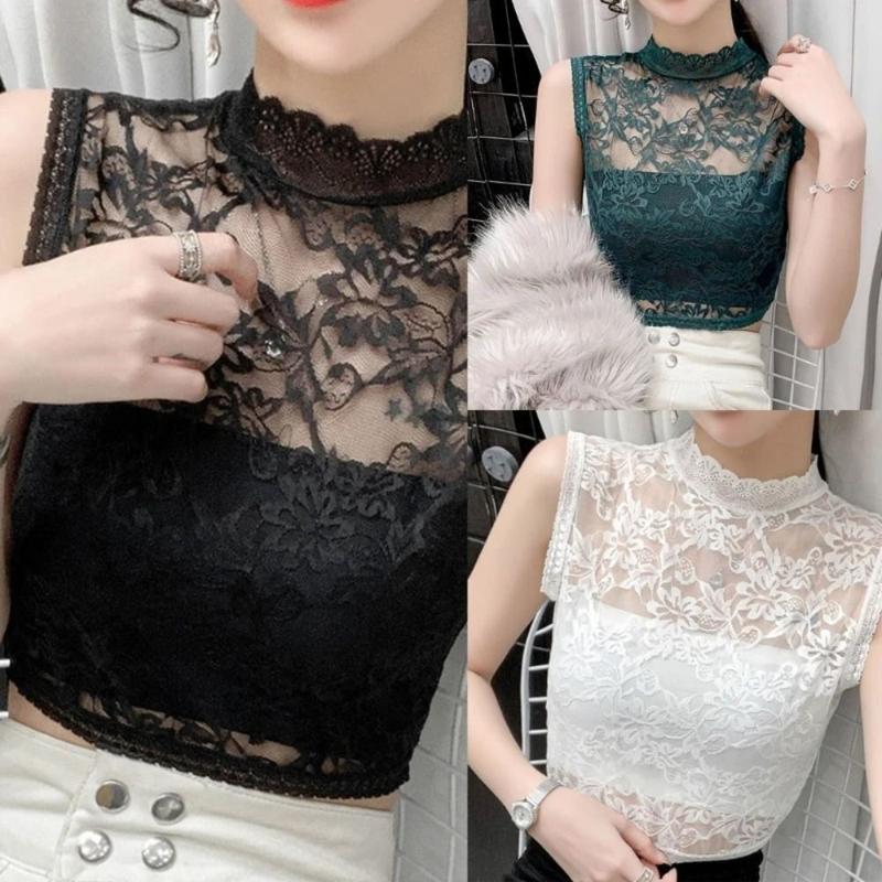 Product Introduction of Áo Cánh Ren Nửa, Sợi Lưới Mới, Thiết Kế Rỗng Thời Trang, Dài Ngắn, Cổ Lọ, Cổ Áo Thanh Lịch, Không Tay, Áo Áo Chui Đầu, Cổ Áo Giả 16