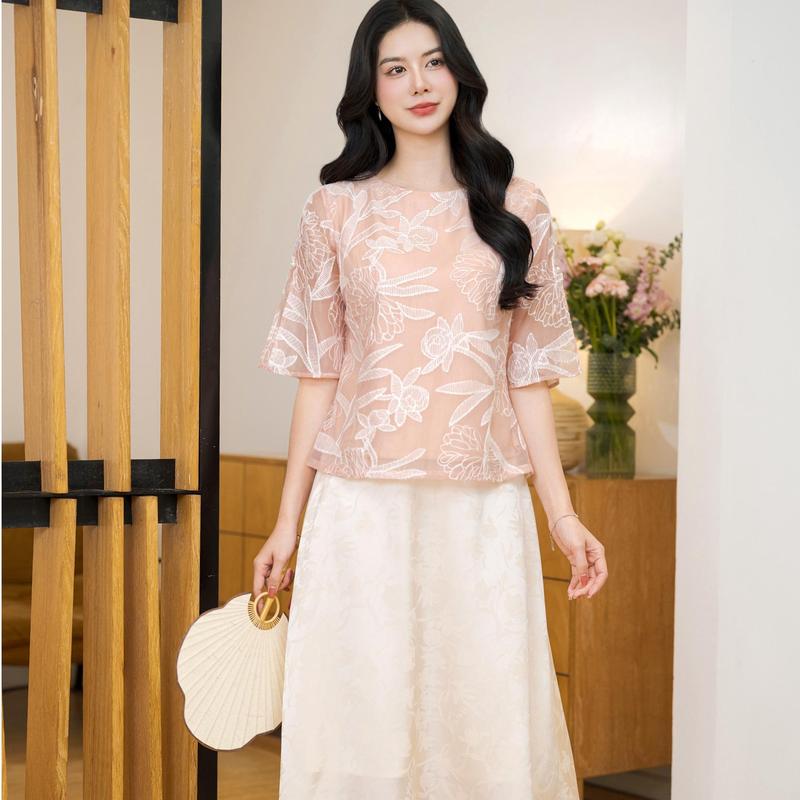  Áo Kiểu Tơ Hoa Nữ Trung Niên Thanh Lịch Trang Nhã tặng mẹ Thương Hiệu Thiều Hoa AN5L0360 