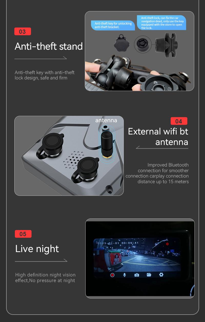 Product Introduction of M6 Motorcycle Portable GPS Navigation Dash Cam Recorder Wireless Apple Carplay Android Auto 6.25 Inch Touch Screen IPX7 Waterproof Tire Pressure System TPMS Metal body 29